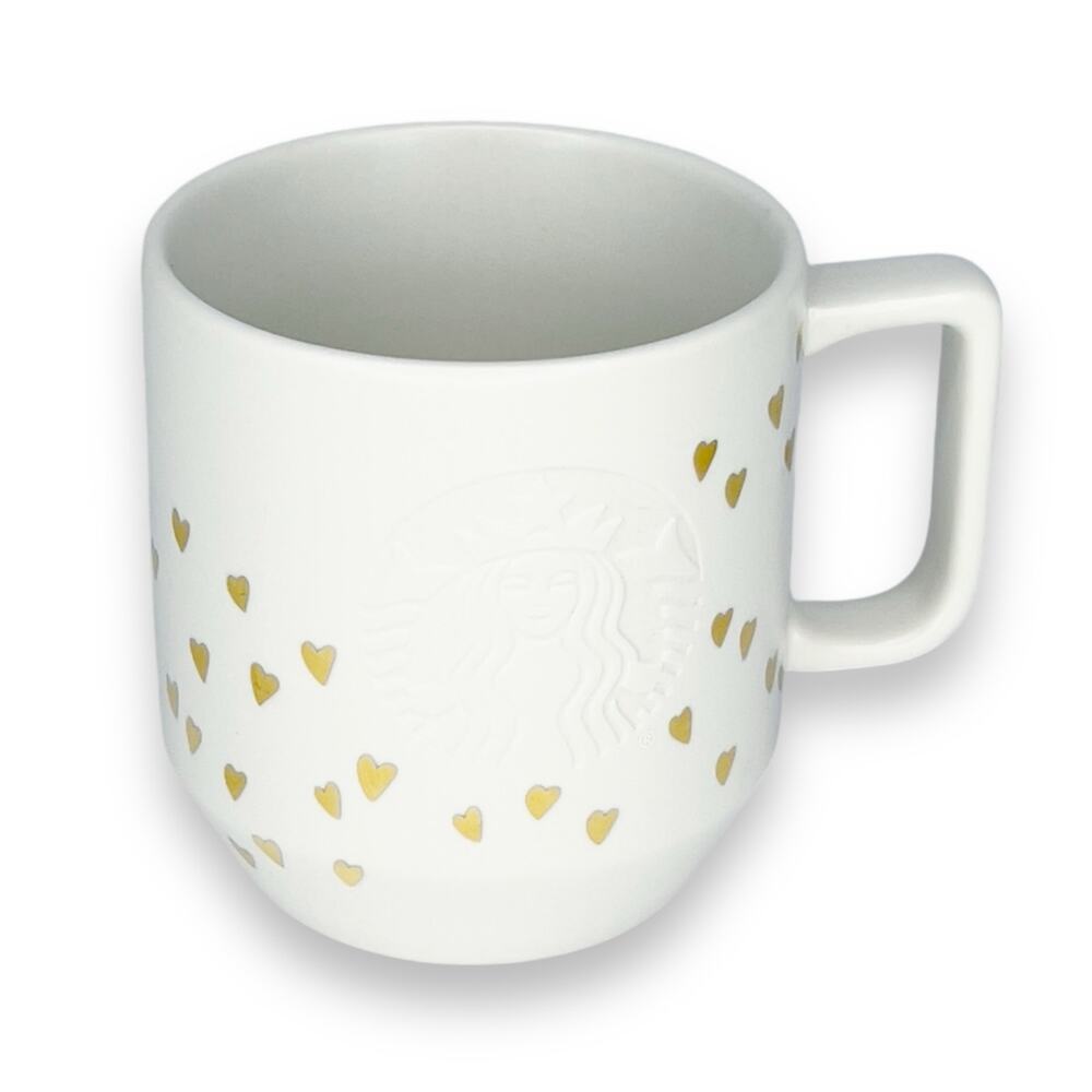 Starbucks Valentines Day Gold Foil Heart Print Cream Ivory Mug / Coffee Cup